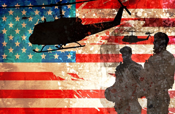 Silhouettes of soldiers and helicopters against American flag