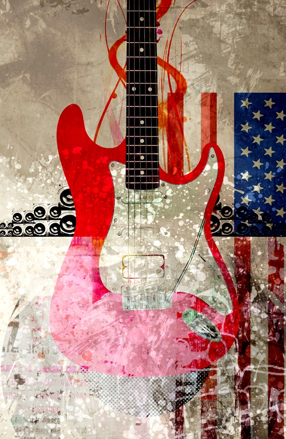 Electric guitar against abstract background and american flag