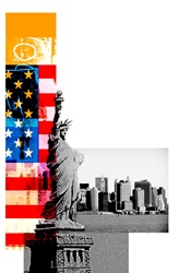 Statue of Liberty, American flag and cityscape on white, New York City, New York, USA