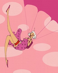 Carefree senior woman parachuting in pink polka dot dress