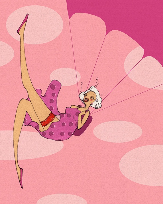Carefree senior woman parachuting in pink polka dot dress