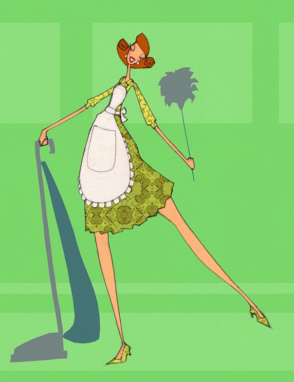 Smiling retro housewife looking at camera with feather duster and vacuum cleaner