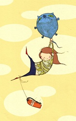 Girl flying in sky holding blue balloon