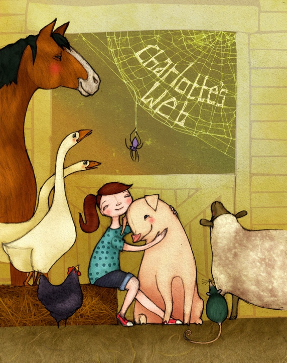 Girl in barn with animals and sign on spider web: 'charlotte's web'