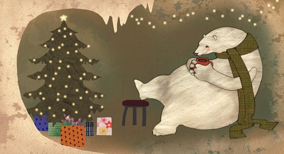 Polar bear sitting with coffee mug by Christmas tree