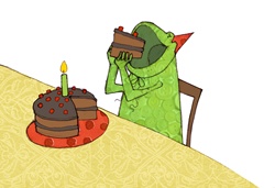 Frog eating birthday cake slice
