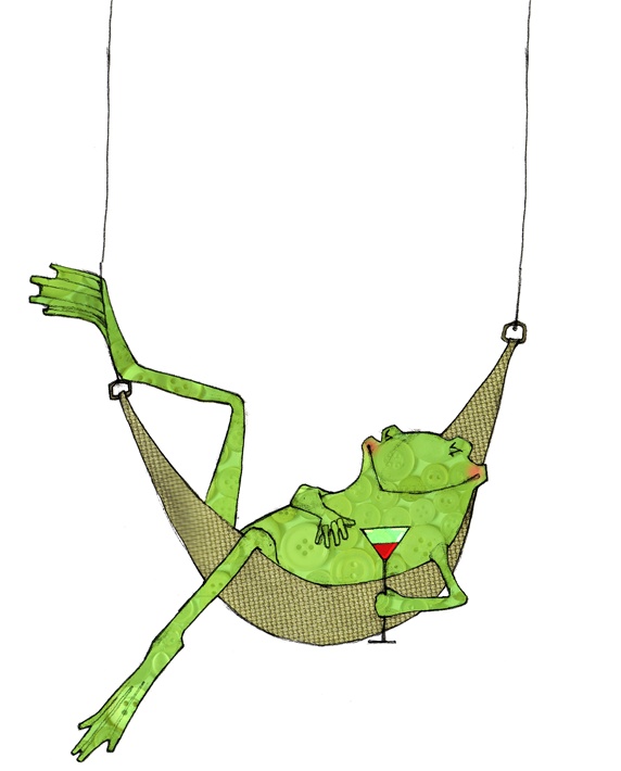 Frog lying in hammock with drink glass