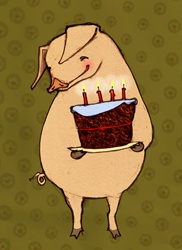 Pig holding birthday cake