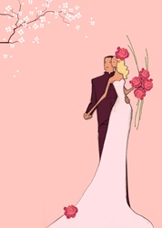 Elegant bride and groom on pink background with spring blossom