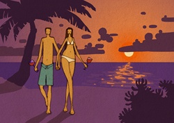 Romantic couple walking on beach at sunset