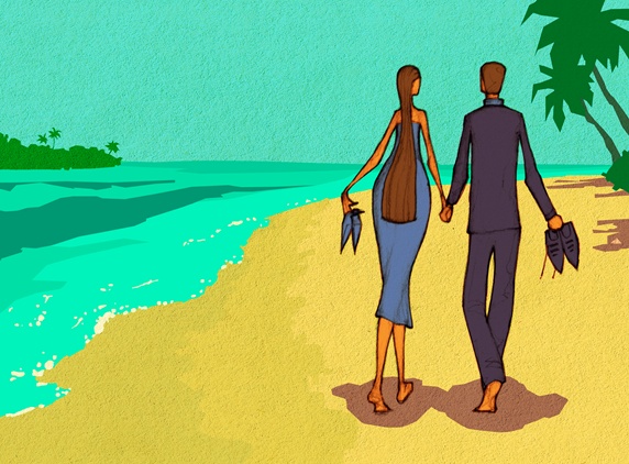 Romantic well-dressed couple walking on beach carrying shoes