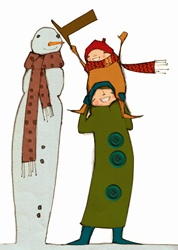 Smiling mother carrying daughter on shoulders to put hat on top of tall snowman