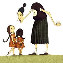 Woman scolding two girls
