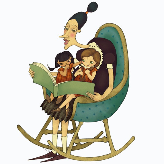 Woman in rocking chair reading story book to girls sitting on lap