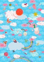 Childhood fantasy of people and animals flying in happy sky