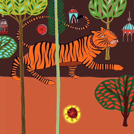 Tiger, trees and buildings