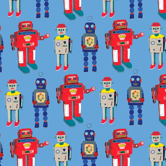 Pattern of different retro robot toys standing in a row