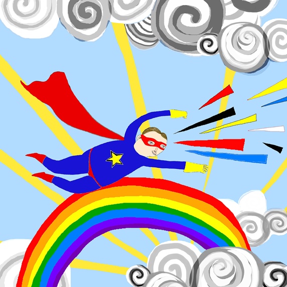 Character flying over rainbow