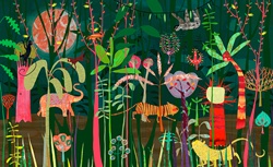 Wild animals in lush bright color jungle