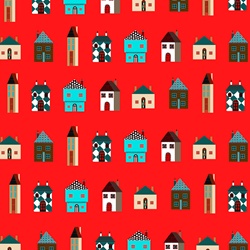 Pattern of rows of different houses on red background