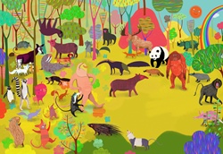 Lots of different animals in colorful jungle