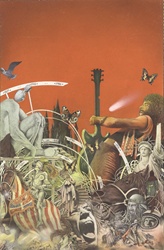 Fantasy image of various creatures and man with electric guitar, red background