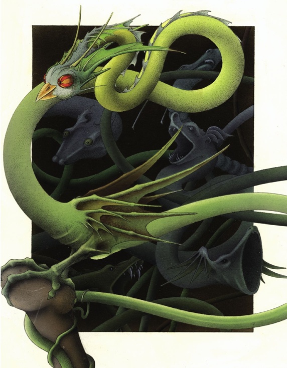 Fantasy image of green snake dragon with bird head