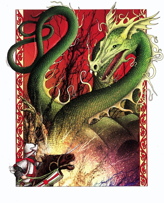 Fantasy image of knight on horse confronting green dragon, red background