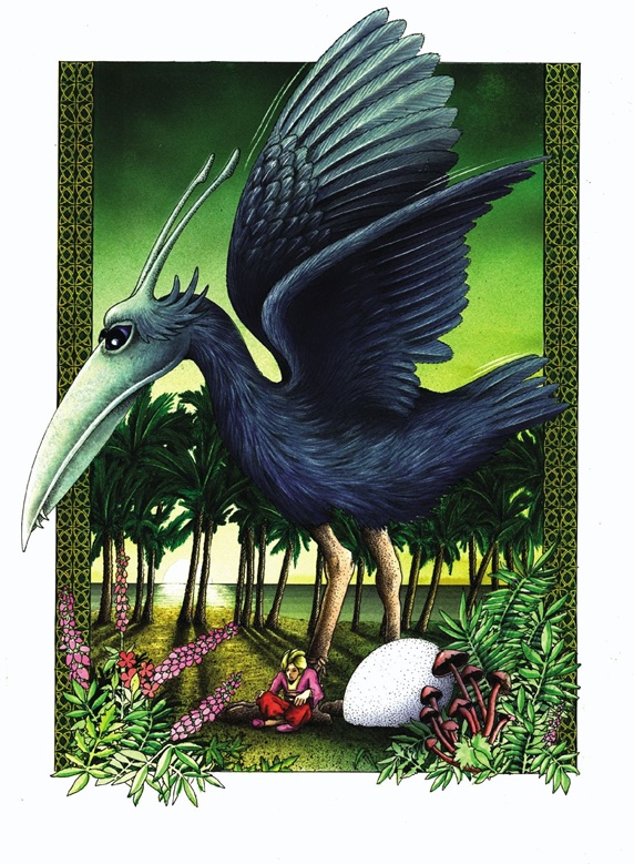Fantasy image of large bird with egg in garden