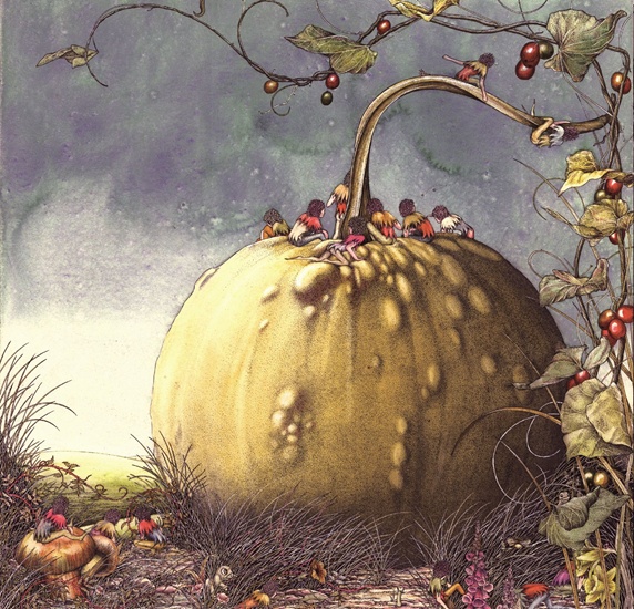Fantasy image of elves sitting on large pumpkin
