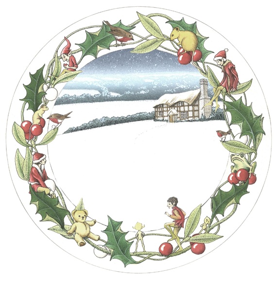 Christmas wreath with view of snowy countryside
