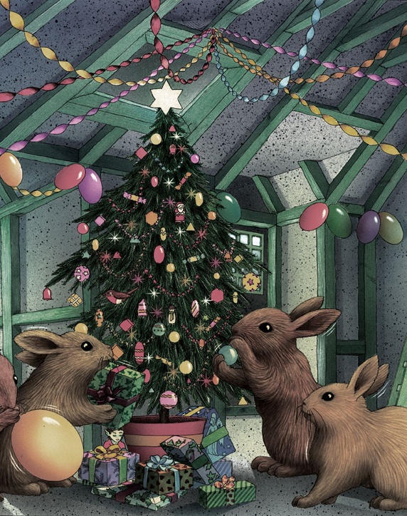 Hares decorating christmas tree