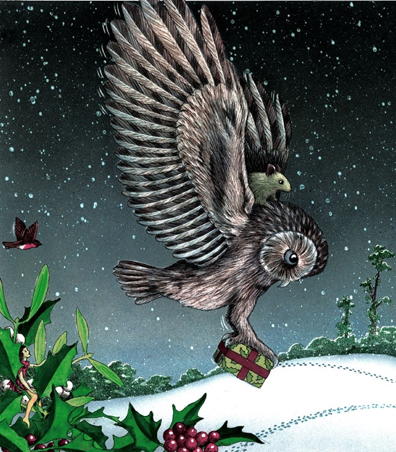 Mouse riding owl holding christmas present