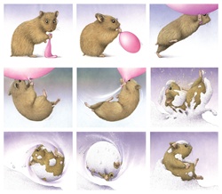 Mouse playing with balloon in winter landscape