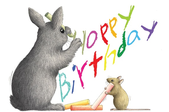 Rabbit and mouse writing birthday wishes on white background