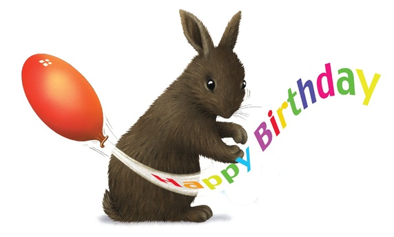 Hare with balloon and birthday wishes sign on white background