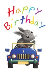 Rabbit in car and birthday wishes sign on white background