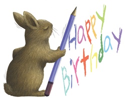 Hare with pencil writing birthday wishes on white background