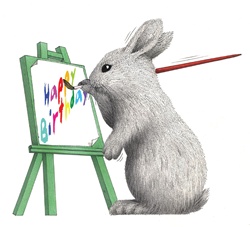 Rabbit with brush on white background painting birthday wishes