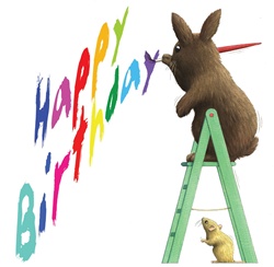 Hare with brush and mouse on white background painting birthday wishes