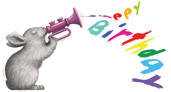 Rabbit playing happy birthday on trumpet on white background