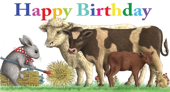 Birthday card with with mouse and cows in pasture