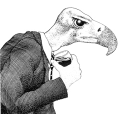 View of bird wearing suit and holding wine glass