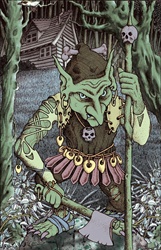 Green monster holding axe and stick