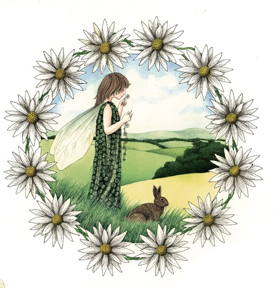Girl and rabbit in meadow