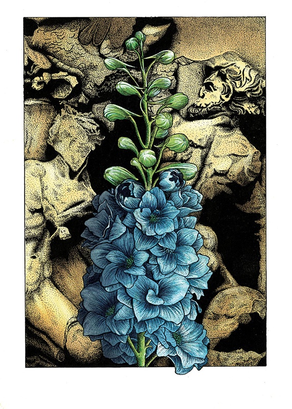 Blue flowers with bas relief in background