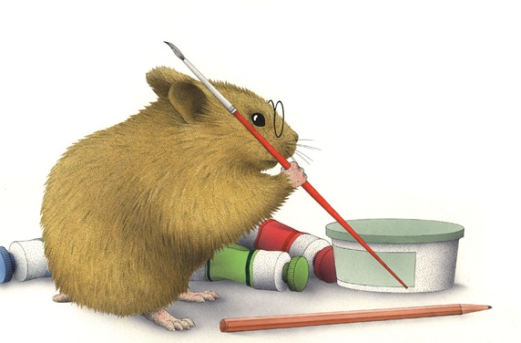 Mouse wearing glasses holding paintbrush