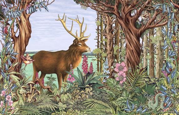 Deer in forest overgrown with flowers