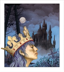 Profile of queen against black castle and full moon