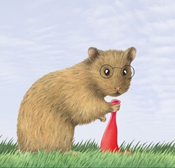 Hamster with red balloon on grass
